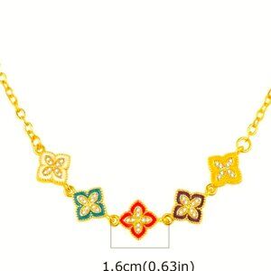 MULTICOLOR MIX OF COPPER BASE CLOVERS 18K GOLD PLATE CUBIC ZIRCONIA NECKLACE